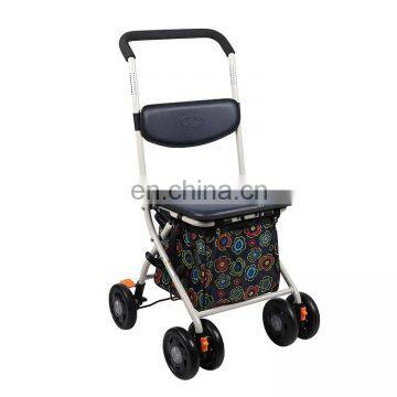 Lightweight black floral pattern small shopping trolley cart walker rollator with seat and brake