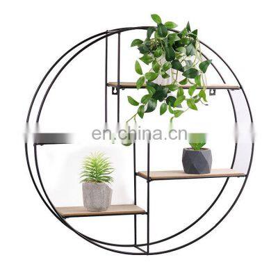 Hot Sale Black Rounded Stainless Steel Wood Round Plant Flower Pot Stand Hanging Wall Shelf For Home Decor