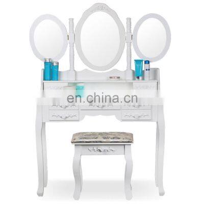 Shabby Chic White Dressing Table with 3 Oval Mirror and Stool Bedroom Sets 7 Storage Drawers Make Up Desk