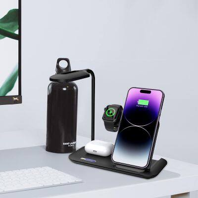 Desk lamp 4 in 1 wireless charger 15W foldable wireless charging stand for smart phone earphone smart watch