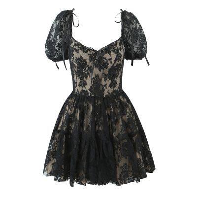 Spring and summer new style rich heiress French sweet spicy girl pure desire style bow lace waist cinching slimming dress