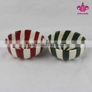 Round shape red color ceramic bowl with candy stripe design