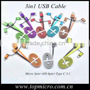 2016 Fashion Multi-function 3in1 Micro 5 iOS 8 Type-C Data usb Cable