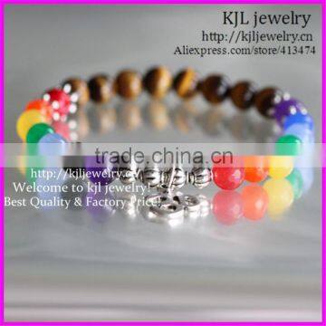 KJL-BD5232 Wholesale 8mm Newest yoga bracelet,colorful beads bracelet, Spiritual Silver tone OHM, 3D charms bracelet