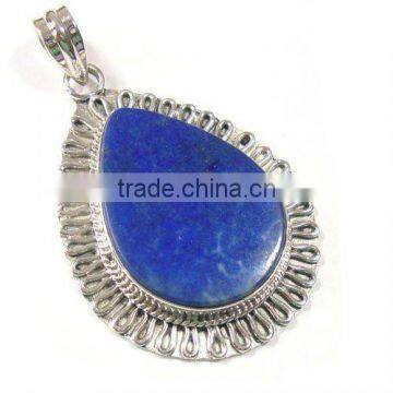 925 Sterling Silver Lapis Tear Drop Cabochon Stone Pendant