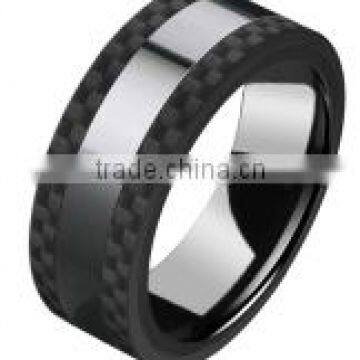 Wholesales jewelry 8mm ceramic and 316l stainless steel ring black carbon fiber band ring with black plating