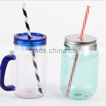 BPA free single wall plastic mason jar with handle and lid straw