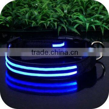 Blue LED Quality Nylon Webbing Lighted Up Custom Dog Collar Private Label