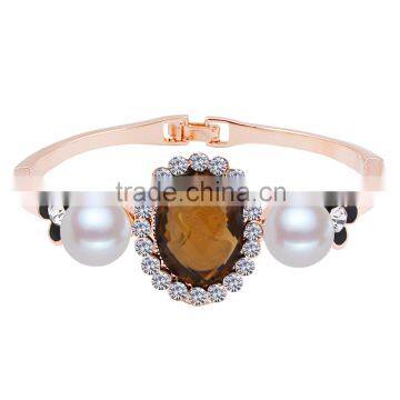 Girls Fashion Alloy Metal Bangle Center Luxury Big Nature Stone Side Black Painted Small Flower Pearl Bangle Bracelets Jewelry photo-2