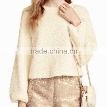 Cheap Products Ladies' Round Neck Loose Long Sleeve Pullover Plain Knitted Sweater With Elastic at Sleeve Opening