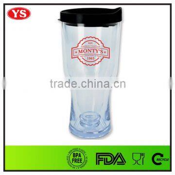 large 14 oz transparentd clear plastic beer tumbler with black lid