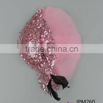Pink sequins nettings small hat with feather