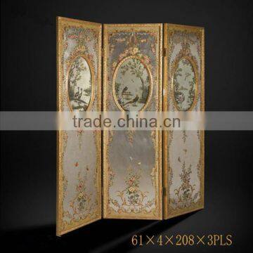 Elegant Gold Painted Wooden Floor Screen, Flower & Bird Design Decorative Curio Four Panel Folding Screen