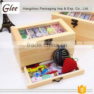 High quality simple two layers drawer wooden sewing box with clear lid