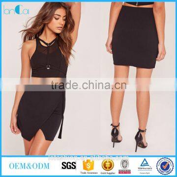 latest mini skirt design with side wrap eyelet knit skirt black for lady skirt