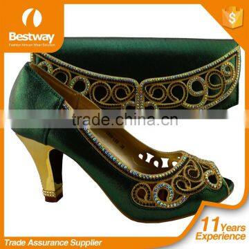 Women Designer Shoes Matching Bags Dark Green Embriodered MG1016-2