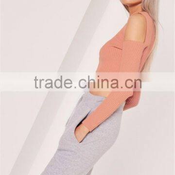 Women Silm Fit Plain Long Sleeve Knitwear High Collar Plain Sweater Cold Shoulder Knitted Crop Top Orange