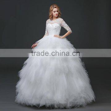 MGOO New Designs 2017 Sheer Neck 3/4 Long Sleeves Women Wedding Dress Ball Gown Embroidery Floor Length Dress photo-3