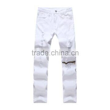 2016 Hot Men's Fashion Men's Jeans White Jeans Hole Personality Male Personality Zipper Pants Beggar