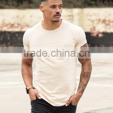 95% Cotton 5% Spandex Plain Mens Gym Fitted Longline T-Shirt Rolled Sleeve Curved Hem Tee Blank Long Drop T Shirt