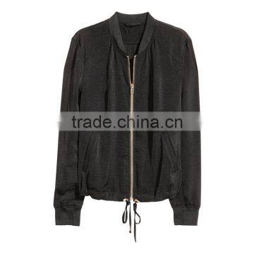 Khaki Green Soft Ribbed Collar Zip Bomber Jacket Womens Thin Coats and Jackets photo-5