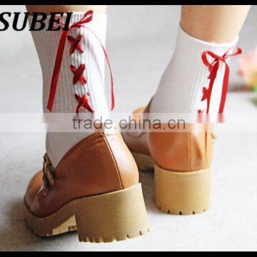 Bandage Bow Princess Cotton Black and White Students Young Girl Tube Short Socks photo-3
