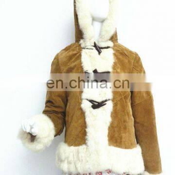 2013 new fashion ladies pig suede fur leather jacket with genuine rabbit fur trimming