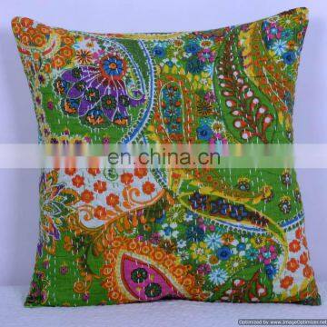 Indian Cotton Handmade Green Paisley Decorative Kantha Quilted Cotton Throw Pillow Cover Hand Stitched Kantha Cushion Cover