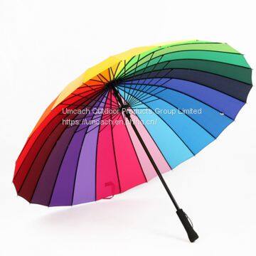 Wind-proof  24 Ribs Straight Long handle Rainbow Umbrella for 2 or 3 People