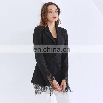 TWOTWINSTYLE Casual Patchwork Lace Blazer For Women Notched Long Sleeve Black Blazers photo-2