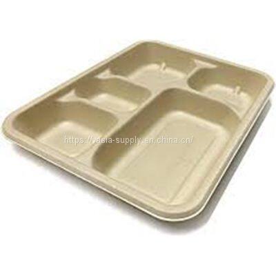Rectangle Plate with 5 Compartment -Super Strong - Unbleached Sugarcane Bagasse plates-Home COMPOSTABLE Biodegradable ECO Friendly