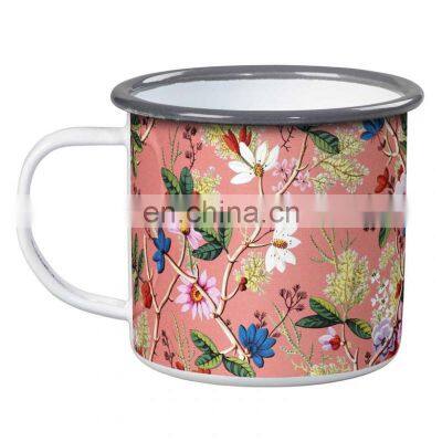 8cm custom brand logo printing enamel iron metal steel water tea coffee tin cup with flower logo printing