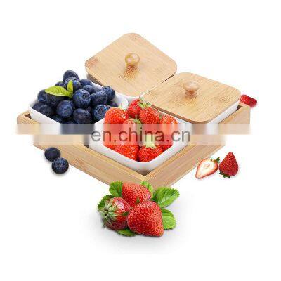 Ceramic Snack Serving Tray 4-Compartment Bamboo Serving Platter with Bamboo Lid and Pallets for Food,Snacks,Condiments