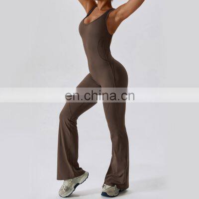 Oem Hollow Out Fitness One Piece Backless Jumpsuits Women Gym Rompers Flared Leggings photo-5