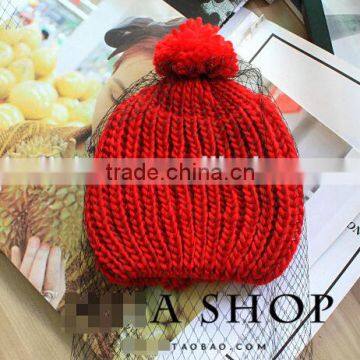 Hot Selling Lace Cover Tied Plain Acrylic Knitting Fashion Ladies Beanie Hat