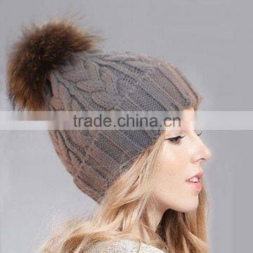 Custom Wool Knitted Racoon Fur Pom Pom Beanie Hat