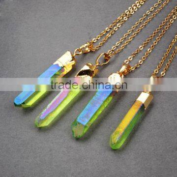 Gold Plated Green Aura Quartz Crystal Point Pendant Bead, Clear Quartz Crystal Point Pendant