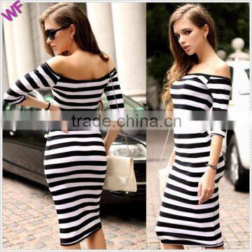 Custom clothing label brand dress stripe off shoulder bodycon lady dress