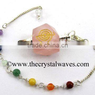 Rose Quartz Cho Ku Rei Engraved Hexagonal Pendulum With Chakra Chain