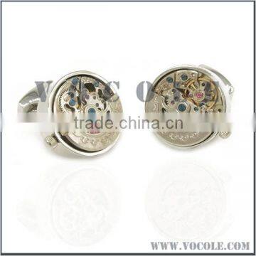 Silver Stainless Steel Watch Mechanical Movement Round Cufflink for Men