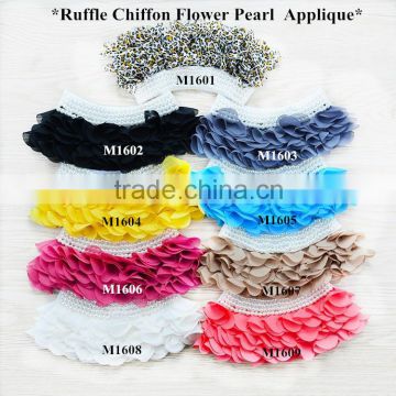 Handmade 11cm ruffle chiffon flower pearl applique for baby girl,chiffon flower for clothing collar