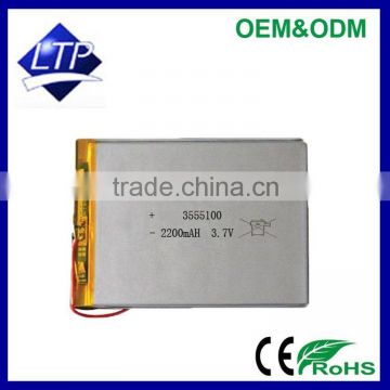 Factory Direct selling Rechargeable 3555100 small lithium polymer battery 3.7V 2200mah polymer battery for Tablet PC MID battery