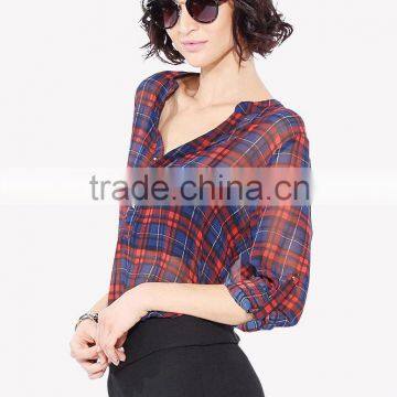 Women's Basic Classic Lightweight Collar Plaid Chiffon Shirt photo-5