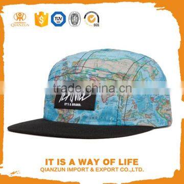 World map pattern custom printed wholesale camp 5 panel cap