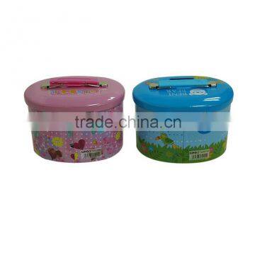 Small oval-shape tin locked saving box with handle and custom logo