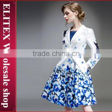 2015 European Design White&Blue Turn-Down Collar Ladies Overcoat Winter Dress