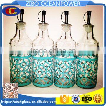 glass oil jar glass vinegar bottle set with green metal coating