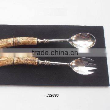 Horn handle in rough finish stel salad set in Mirror polish