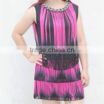 High quality elegant ladies' sleeveless three layers of tie dye tassel dress