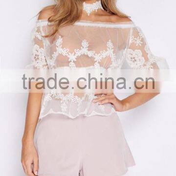 OEM Supply Short Sleeve off Shoulder Woman Lace Tops Summer Sexy Women Tops photo-3